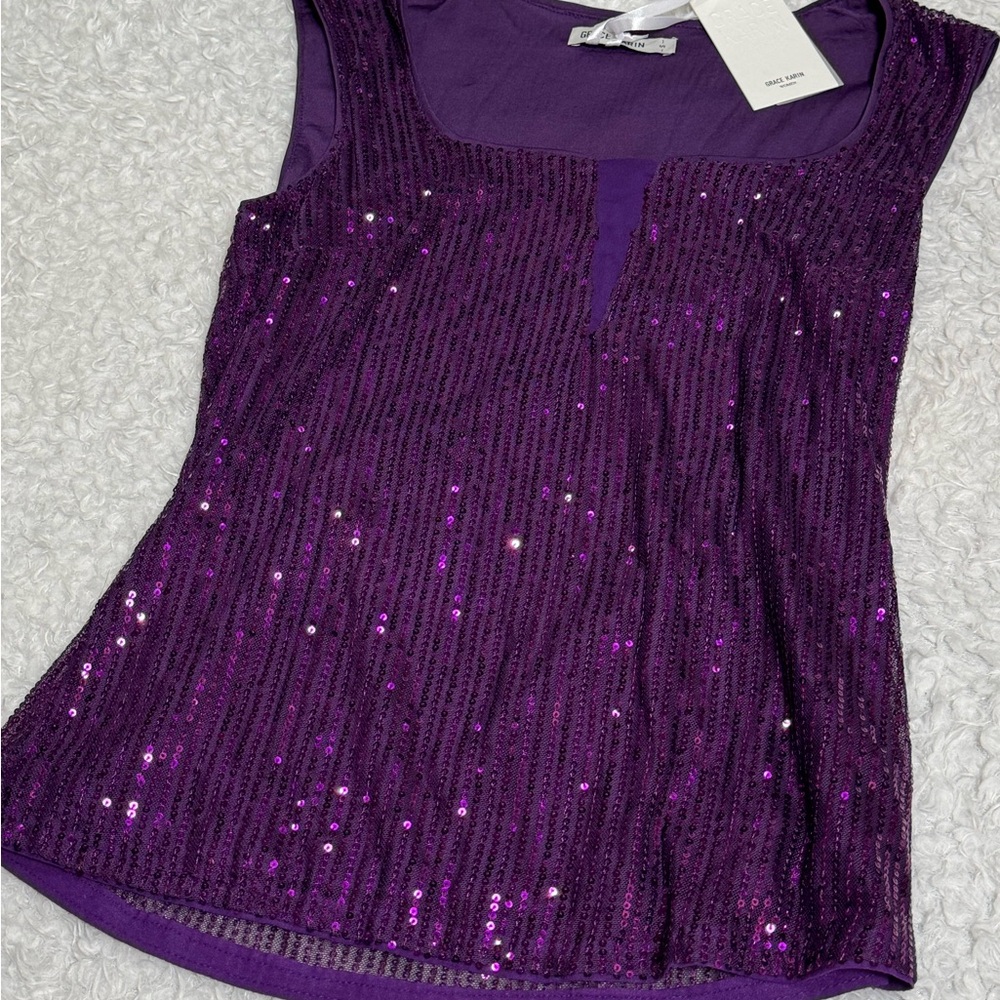 NWT Grace Karin Women’s Purple Sequin Tank Top Blouse (size S) Soft Inner Lining - Picture 2 of 8